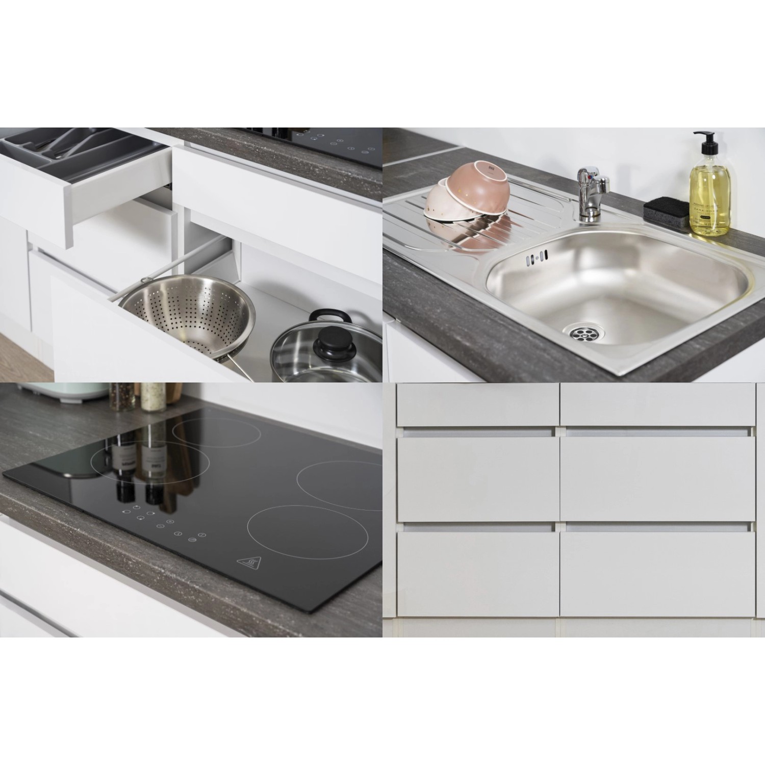 Respekta Küchenzeile ohne E-Geräte, 320 cm, Schwarz Hochglanz/Weiß, Details von Spüle, Kochfeld und Stauraum.