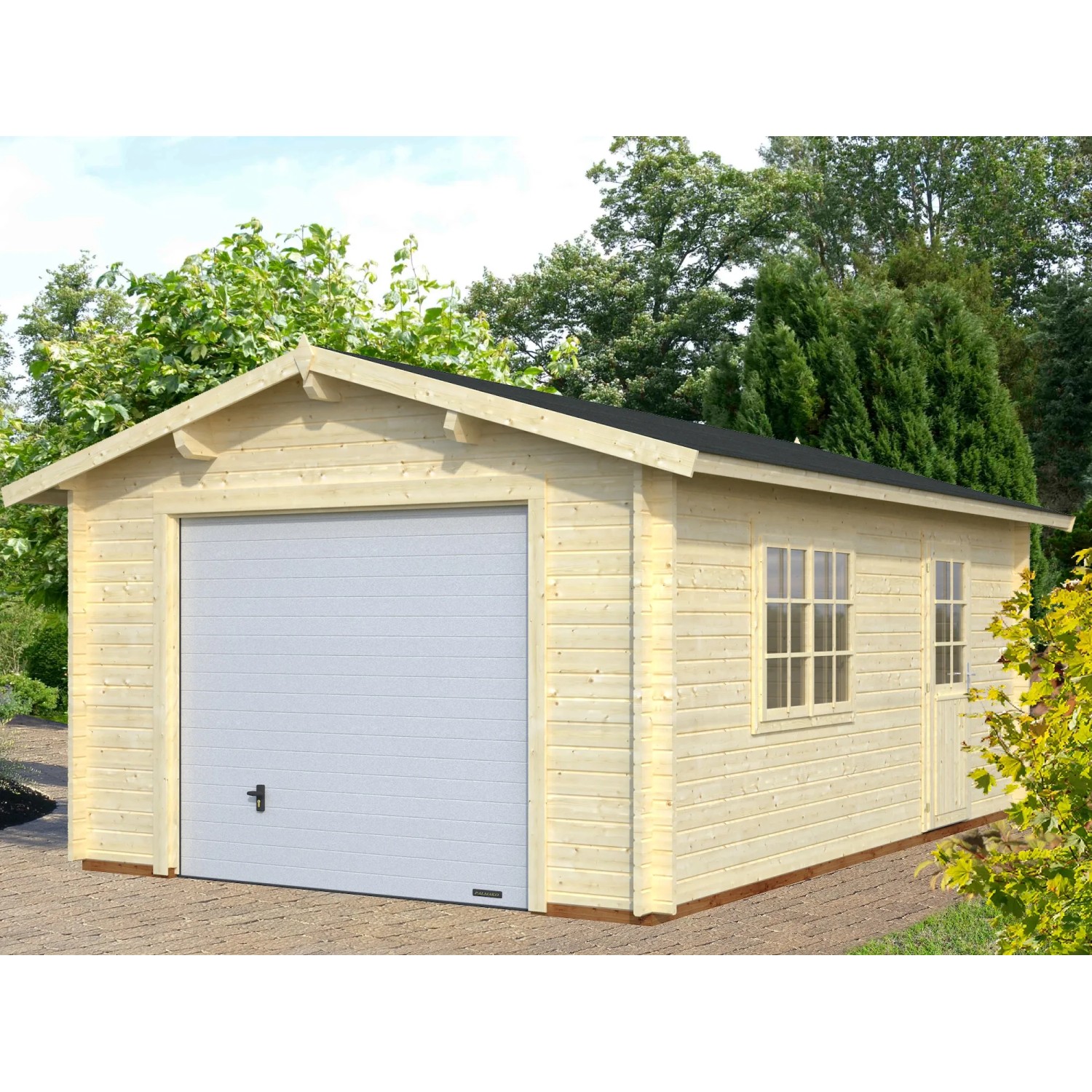 Palmako Holzgarage Roger mit Sektionaltor, naturbelassene Fichte, 360x550 cm.