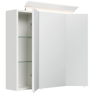 Posseik Spiegelschrank, 70 cm, weiß hochglanz, mit LED-Lampe und Glasböden.