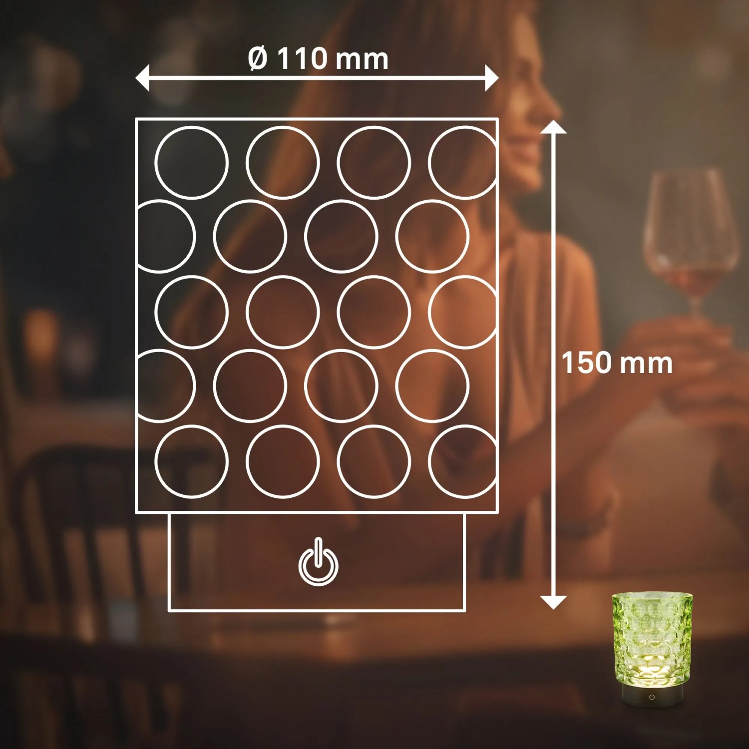 Brilo Akku-LED-Tischleuchte Sunora, grüne Glas-Designlampe mit Maßen.