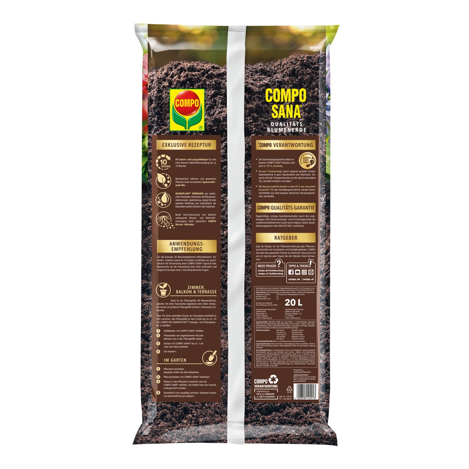 Sack Compo Sana torffreie Qualitäts-Blumenerde 20L, Universalerde für Zimmer-, Balkon- und Gartenpflanzen.