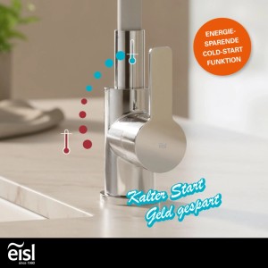 EISL Spültischarmatur FLEXO Chrom/Hellgrau. Nahaufnahme des Einhebelmischers mit Cold-Start Funktion.