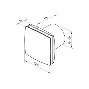 Technische Zeichnung Badventilator System Ø 100 mm, weiß, mit Maßen.