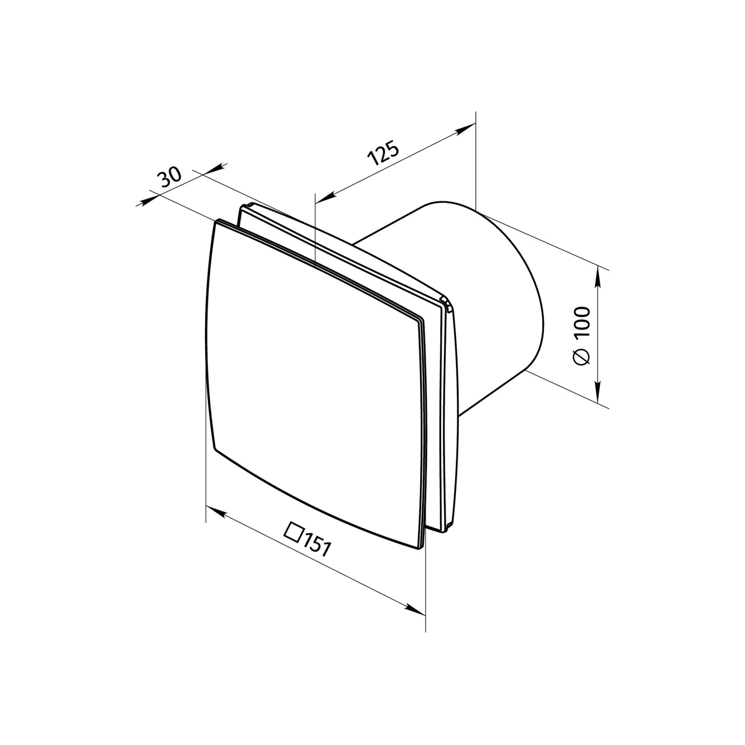 Technische Zeichnung Badventilator System Ø 100 mm, weiß, mit Maßen.