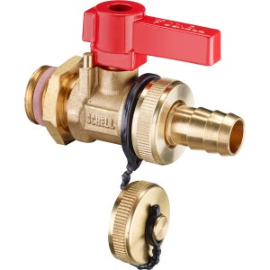 Schell Kugelhahn mit Hebelgriff und Schlauchverschraubung für Heizungsinstallationen.