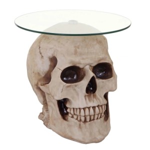 MCW Beistelltisch Totenkopf A19 mit Glasplatte und naturgetreuem Totenkopf-Fuß aus Polyresin.