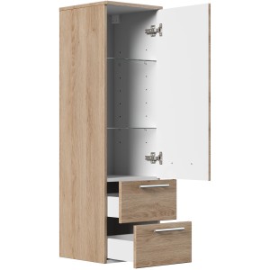 Posseik Bad-Hochschrank Rima, Eiche hell, mit offener Tür, zwei Schubladen und zwei Einlegeböden.