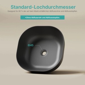 Mattschwarzes Keramik Aufsatzwaschbecken, quadratisch mit abgerundeten Ecken. Ablaufloch Ø 45mm für Standard-Abflüsse.