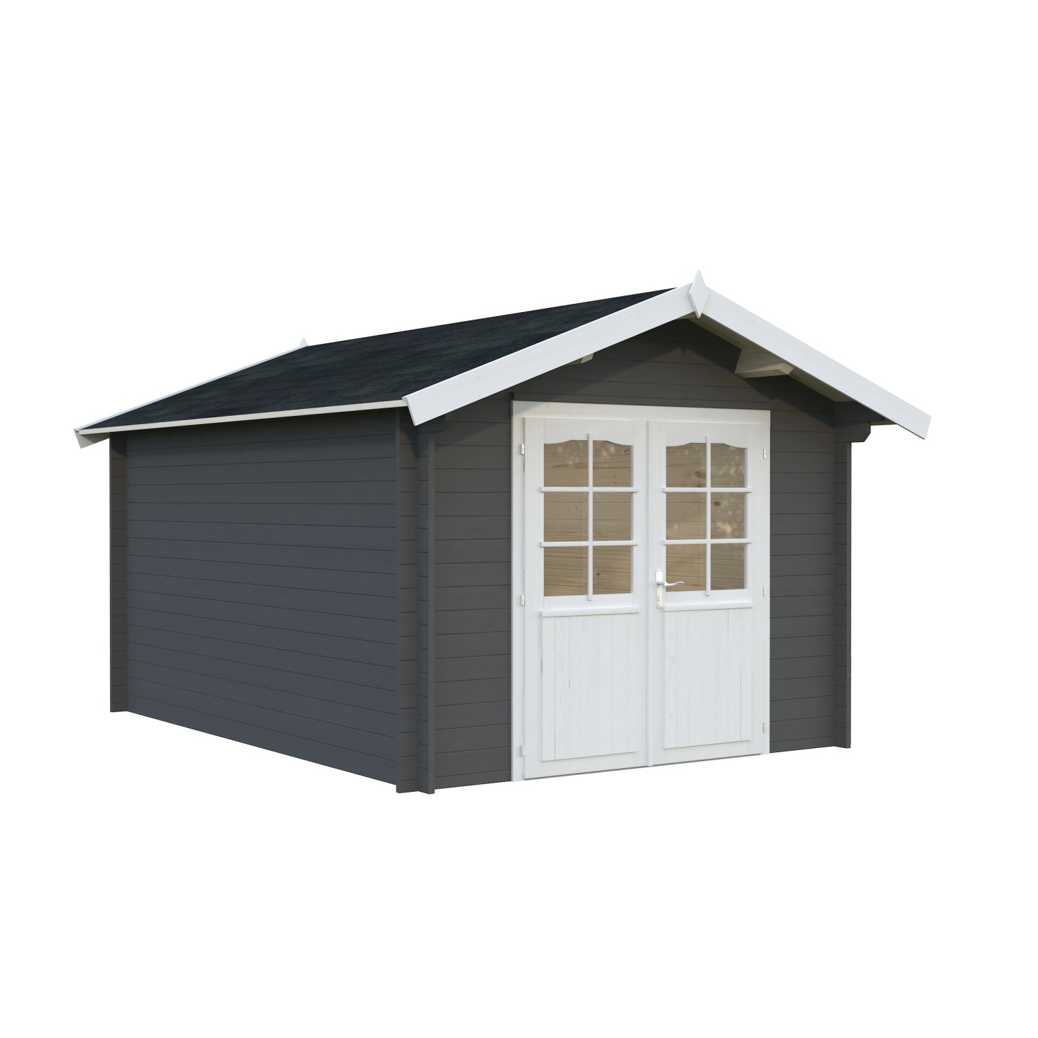 Palmako Gartenhaus Lotta, 275x380 cm, dunkelgrau-weiß, mit Doppeltür und Lichtausschnitt.