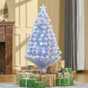 HOMCOM Künstlicher Weihnachtsbaum, 1,2m, weiß/blau, mit leuchtenden LED-Sternen und Glasfasern. Festliche Dekoration mit Geschenken.