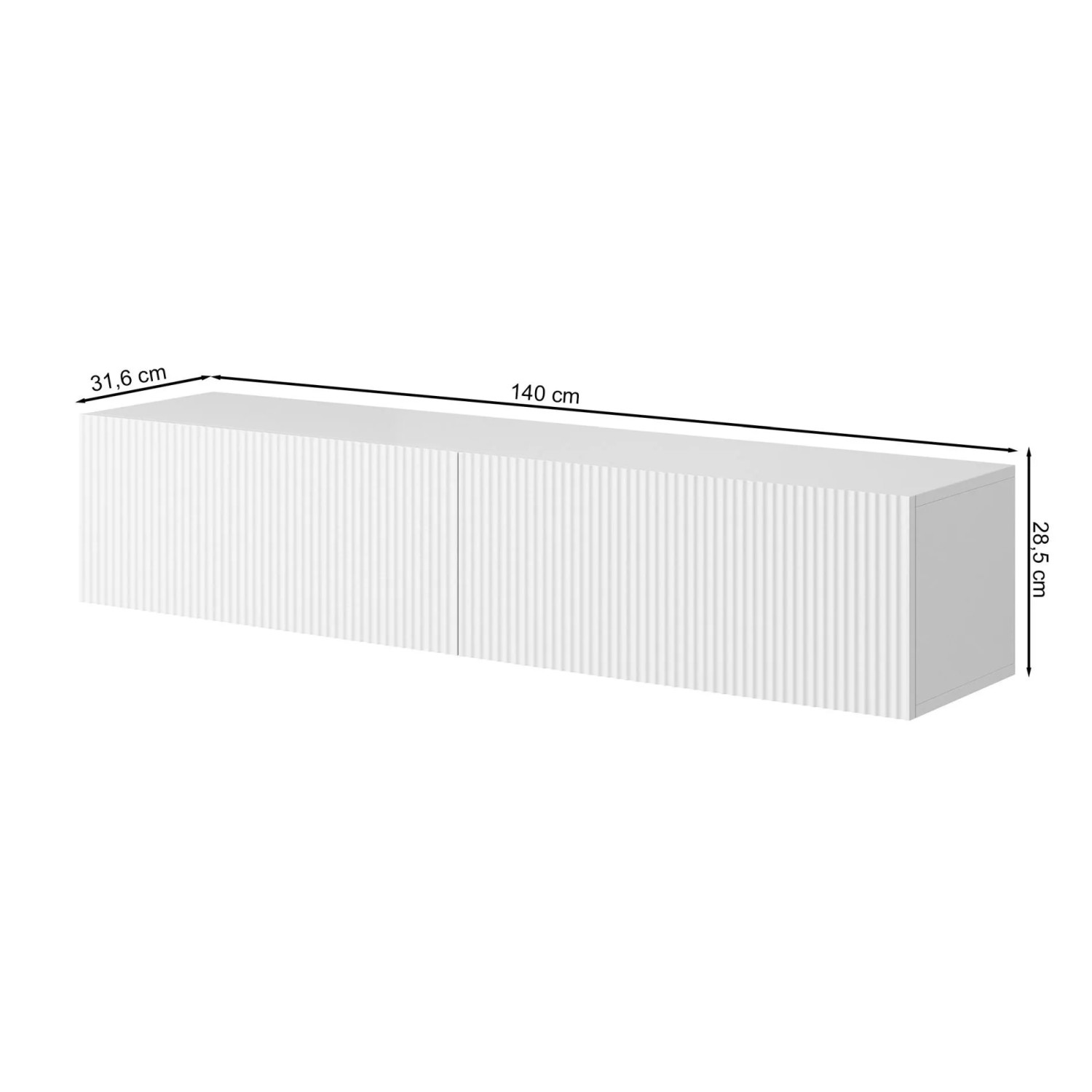 Selsey Veldio TV-Hängeboard 140 cm in Greige mit geriffelter Lamellenfront und zwei Fächern.