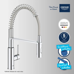 Grohe QuickFix Spültischarmatur mit Brause, Chrom, schwenkbarer Auslauf.