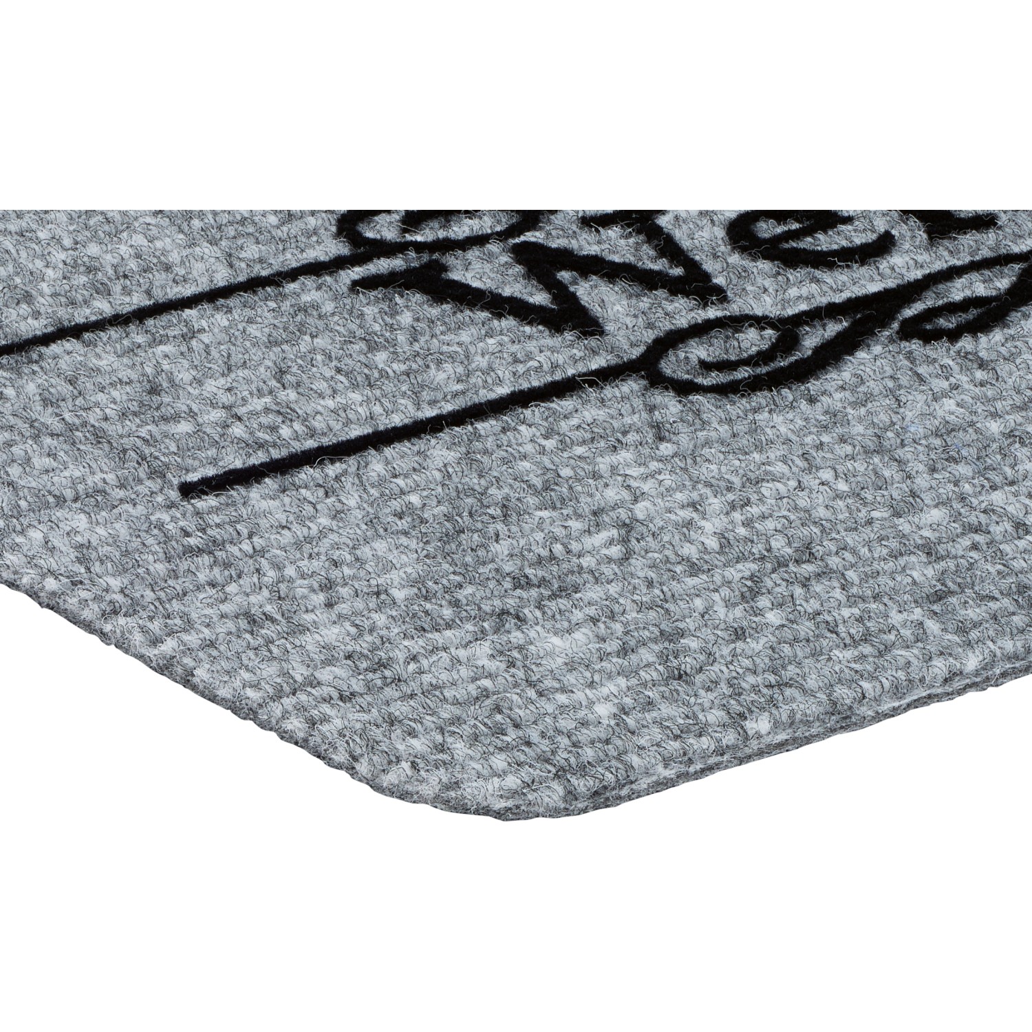 Graue Ripsmatte "Flocky Welcome" 40x60 cm für den Innenbereich, mit rutschhemmender Rückseite.