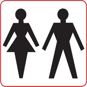 Schwarzer WC-Aufkleber mit stilisierter Darstellung von Mann und Frau für Toilettentüren.