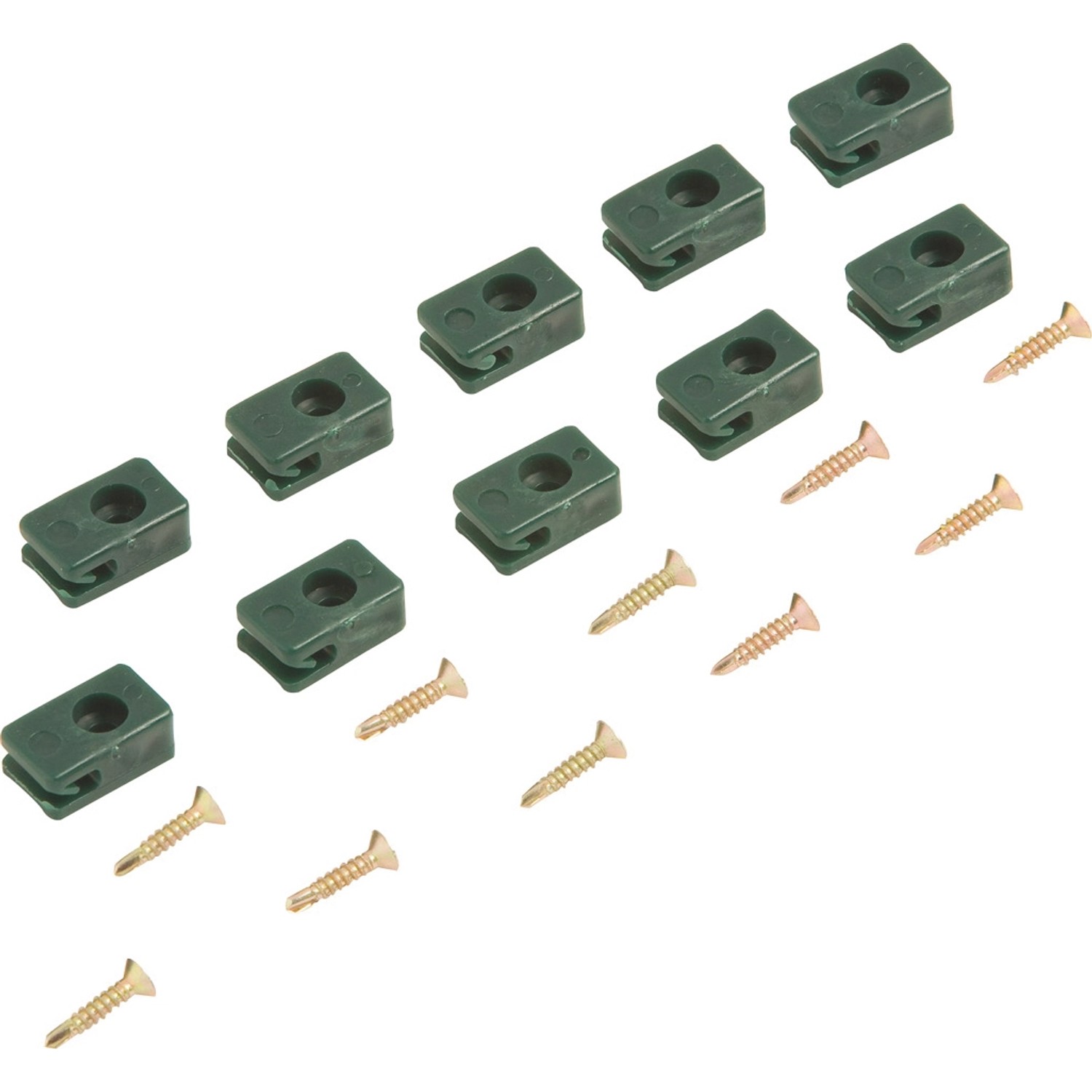 10-teiliges Spanndrahthalter Set aus Kunststoff mit Schrauben für Zaunbau & Sichtschutz.