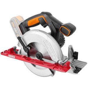 Worx Akku-Handkreissäge WX530.9 20V mit roter Führungsschiene für präzise Schnitte.