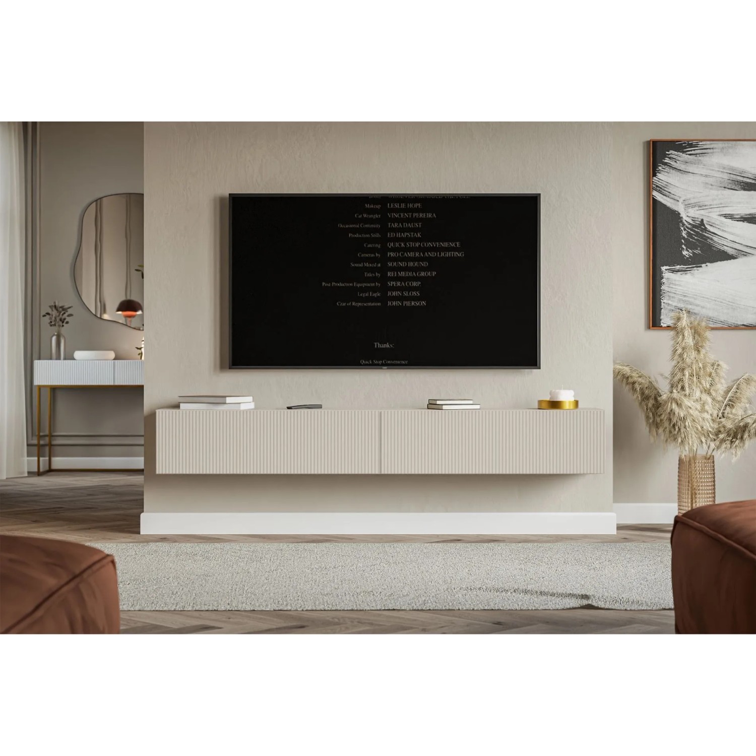 Selsey TV-Hängeboard Veldio 200 cm in Greige mit geriffelten Fronten unter einem TV im modernen Wohnzimmer.