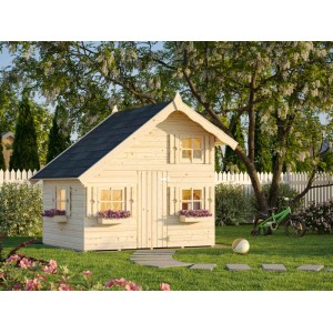 Palmako Spielhaus Tom, 3,8 m², weiß lackiert, mit Schlafboden und Blumenkästen.