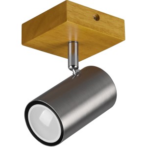 Trio Strahler Marley, 1-flammig, Nickel matt mit Holzsockel. Deckenspot für Wohn- und Schlafzimmer.