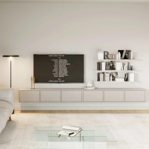 Selsey TV-Hängeboard Framme 300 cm in Kaschmirgrau, wandmontiert unter TV, mit 6 grifflosen Klappen im modernen Wohnzimmer.