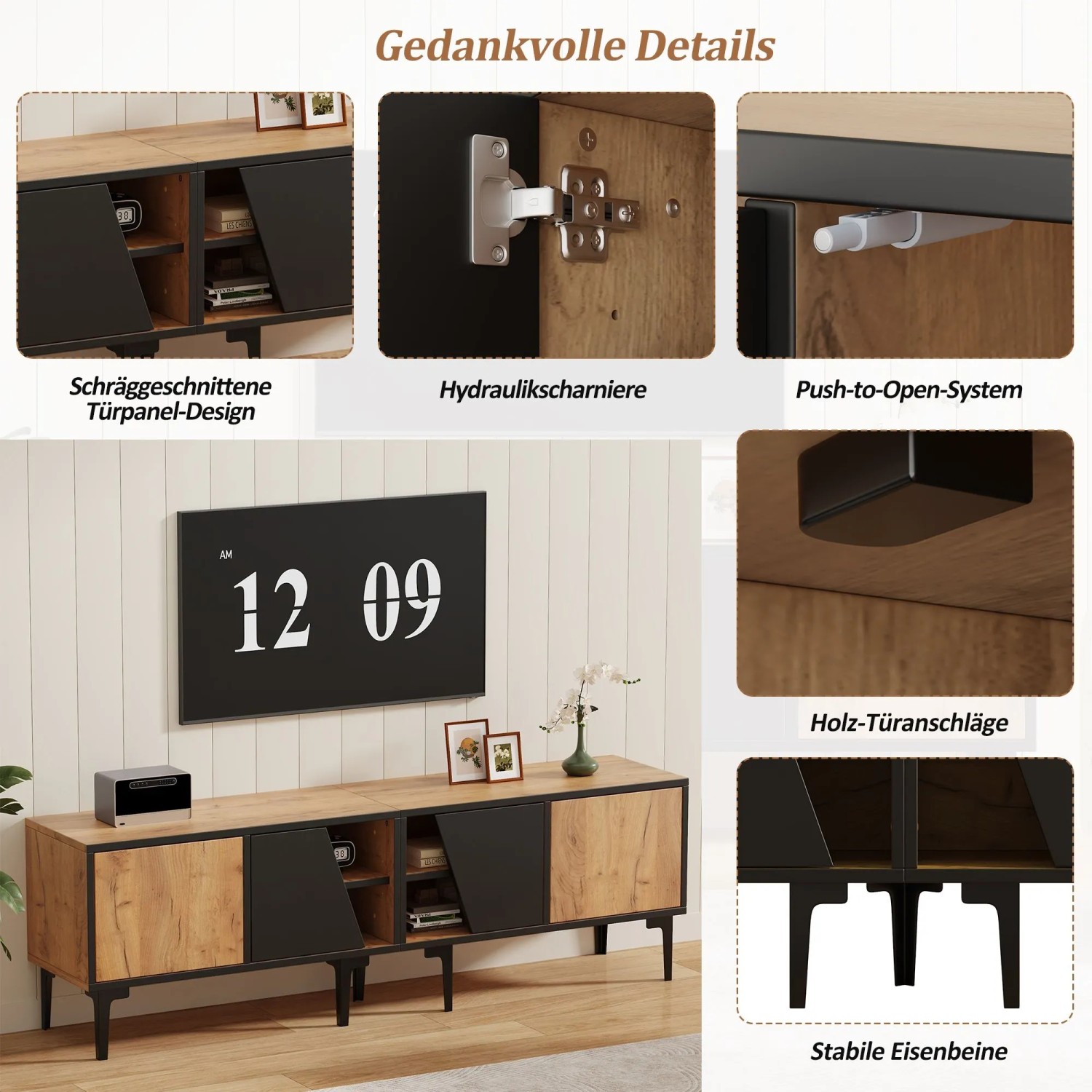 okwish TV Schrank mit Stauraum Fächern Wohnzimmer 160x36.5x45cm Braun_6