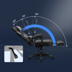 Songmics Gamingstuhl Schwarz-Grau mit Neigungsfunktion (90-135°) und Fußstütze.