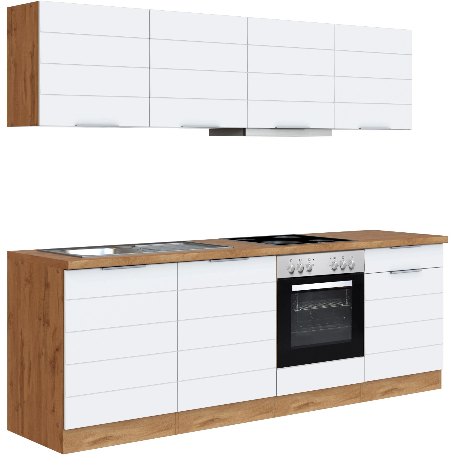 Moderne Küchenzeile, 240 cm, Weiß-Wotaneiche Optik mit E-Geräten.