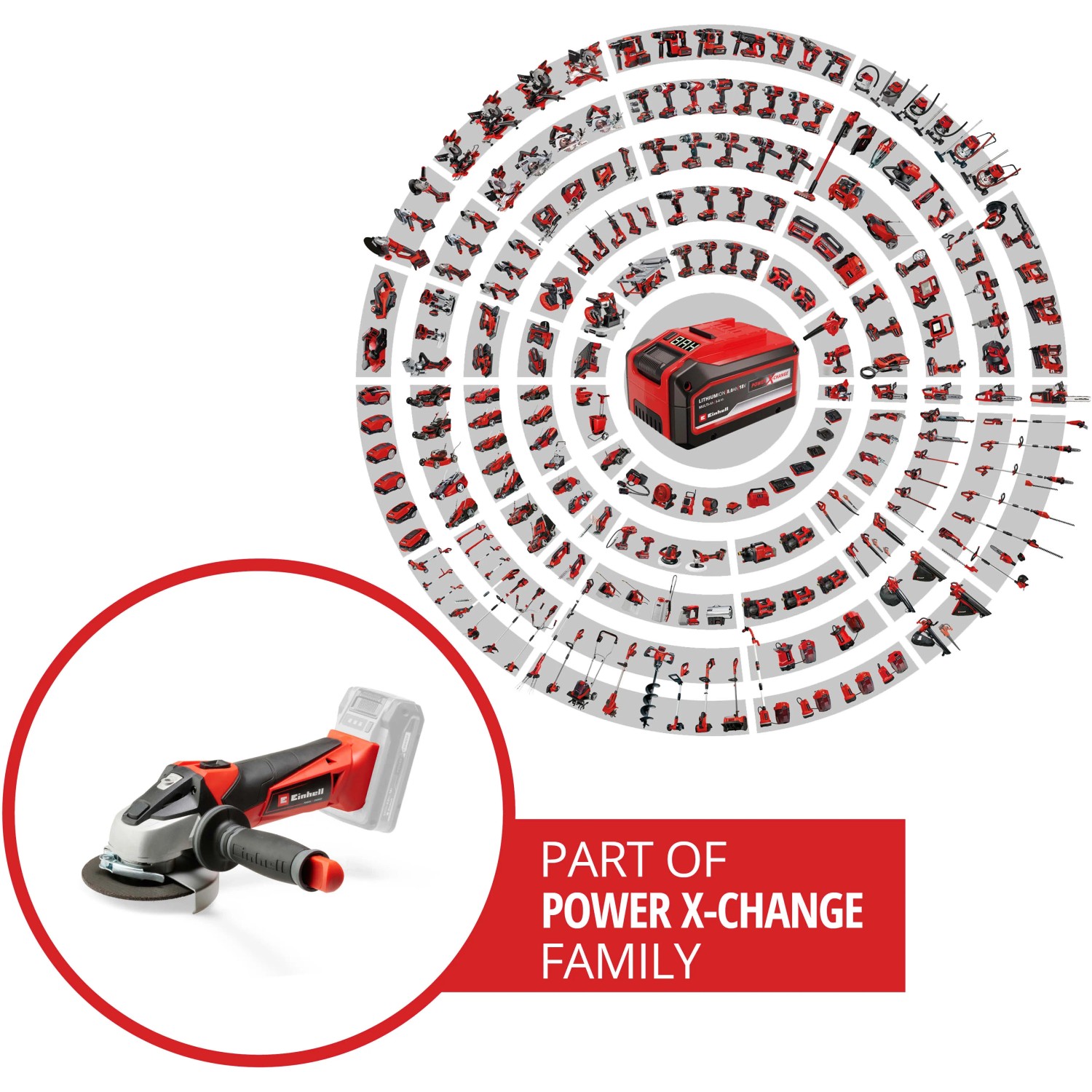Einhell Akku-Winkelschleifer TE-AG 18/115 Li Solo mit Power X-Change Akku und Werkzeugen der Familie.