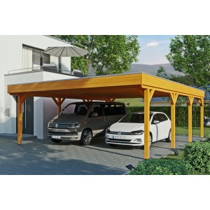 Doppelcarport Skan Holz Grunewald, Eiche hell mit Aluminiumdach, zwei geparkte Autos.