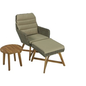 Lounger-Set Calvia Coffee FSC®: Lounge-Gartenmöbel aus Kunststoffgeflecht, Akazienholz und Aluminium mit Tisch.