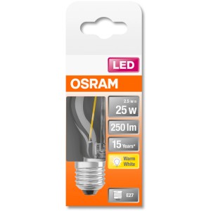 Osram E27 LED-Lampe in Tropfenform, 2,5W, 250 Lumen, warmweiß.