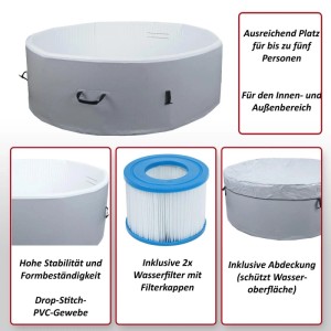 MCW Whirlpool N97 Ersatz-Pool, aufblasbar, grau-weiß, mit Abdeckung und Filter.