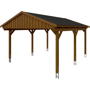 Skan Holz Carport Fichtelberg, Nussbaumfarbenes Holz, schwarze Schindeln, 423x566 cm.