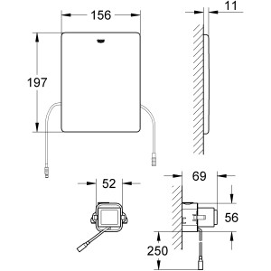 Technische Zeichnung der Grohe Funk-Elektronik Edelstahl WC-Drückerplatte mit Maßen.
