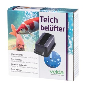 Verpackung Velda Teich Eisfreihalter und Belüfter. Zeigt Koi-Fische und schwarzes Belüftungsgerät für Teichpflege.