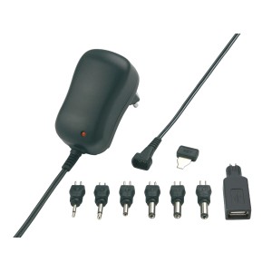 REV Universal-Netzgerät mit verschiedenen Adaptern und USB-Anschluss für Batterien & Akkus.
