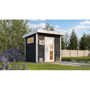 Modernes, anthrazitfarbenes Weka Design-Saunahaus Kuopio mit Technikpaket 2 im Garten.