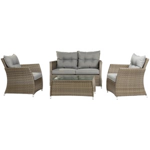 4-teilige Gartenmöbel-Gruppe Melvern Grau mit Polyrattan, Sofa, Sesseln und Tisch mit Glasplatte.