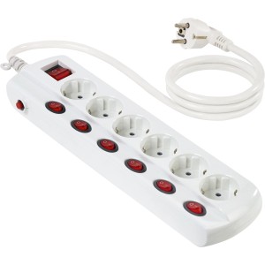 Weiße 6-fach Tischsteckdosenleiste mit 1,5 m Kabel und roten Schaltern.