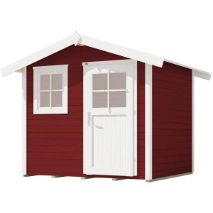Schwedenrotes Gartenhaus 123 mit Satteldach, weißer Tür und Fenster. Holz-Gartenhaus.