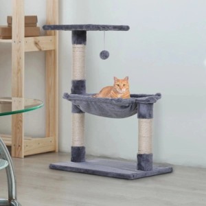 Grauer PawHut Kletterbaum mit Sisalsäulen, Plüsch-Hängematte und Spielball. Eine Katze liegt entspannt darin.