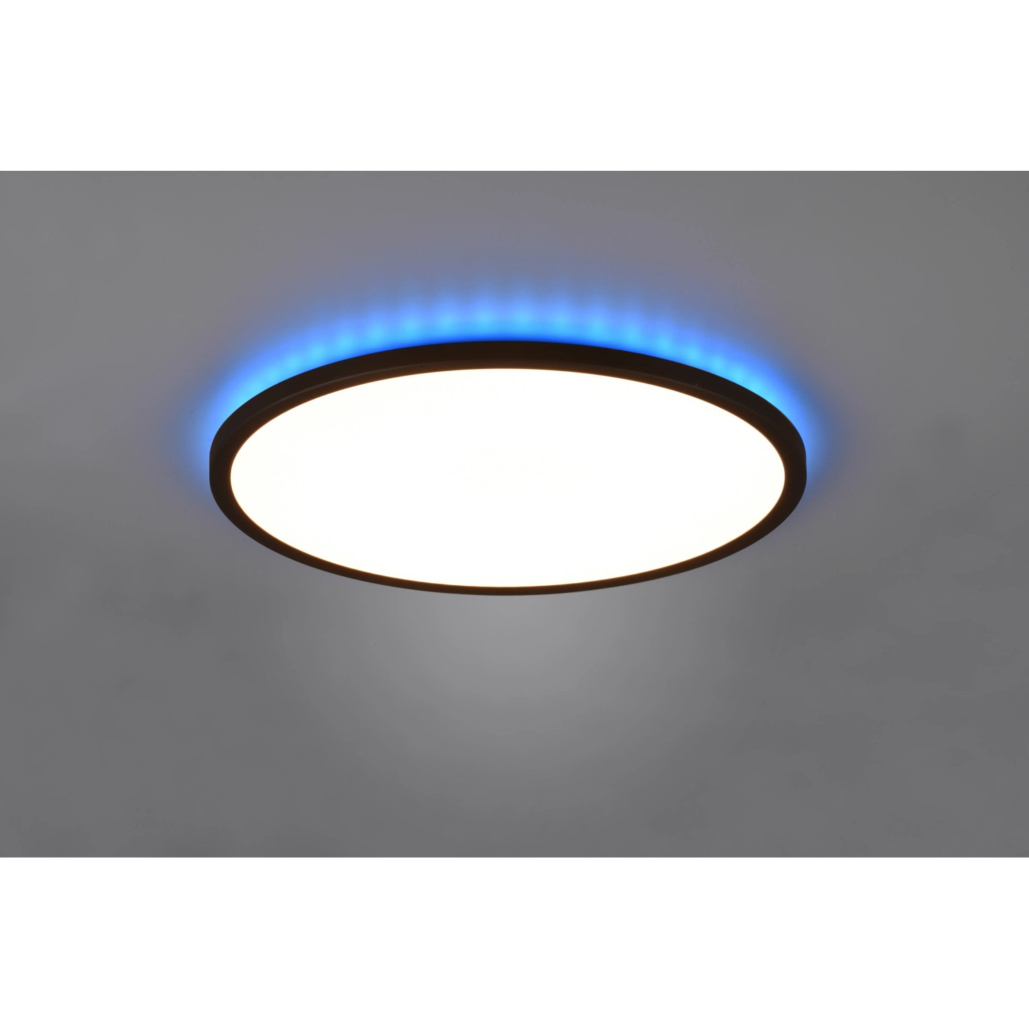 Schwarze, runde Reality LED-Deckenleuchte Aureo mit RGB-Beleuchtung und Fernbedienung, Ø 40 cm.