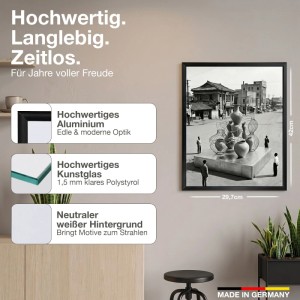 Eleganter schwarzer Aluminium Bilderrahmen DIN A3 für Fotos. Mit Antireflex-Kunstglas und schlankem Profil. Made in Germany.