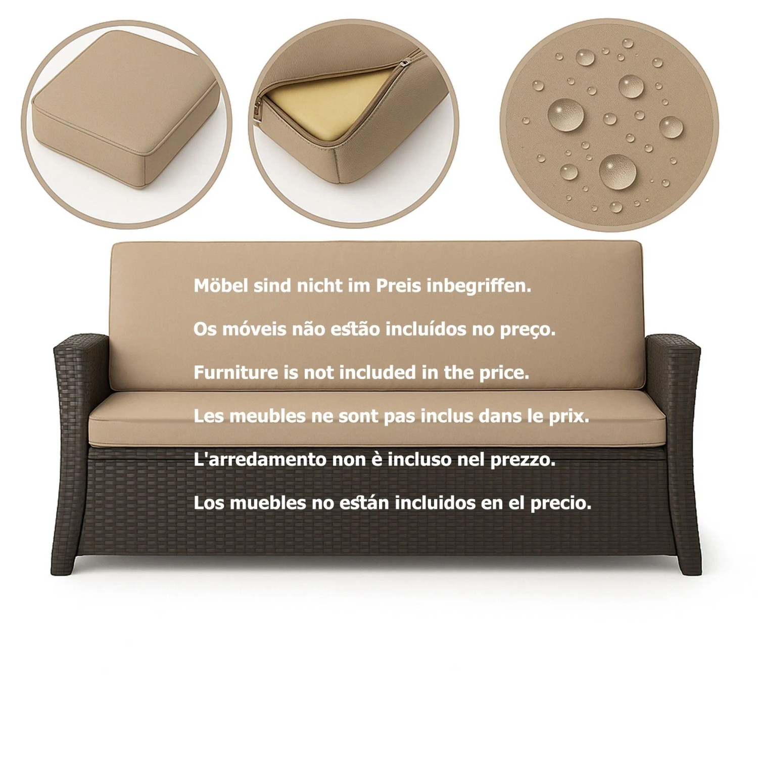 Beiges Gartenkissen-Set für 2-Sitzer Polyrattan-Gartensofa, Bezug abnehmbar und wasserabweisend.