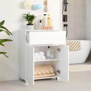 Weißer Vasagle Badezimmerschrank mit Schublade und offenem Schrankteil im Badezimmer.