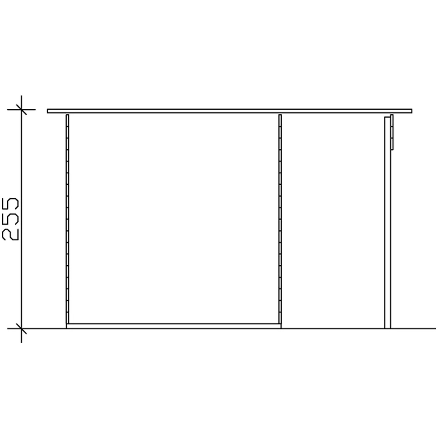 Technische Zeichnung: Skan Holz Gartenhaus Venlo 2, Schiefergrau, 380x250 cm, Seitenansicht mit Höhenangabe.