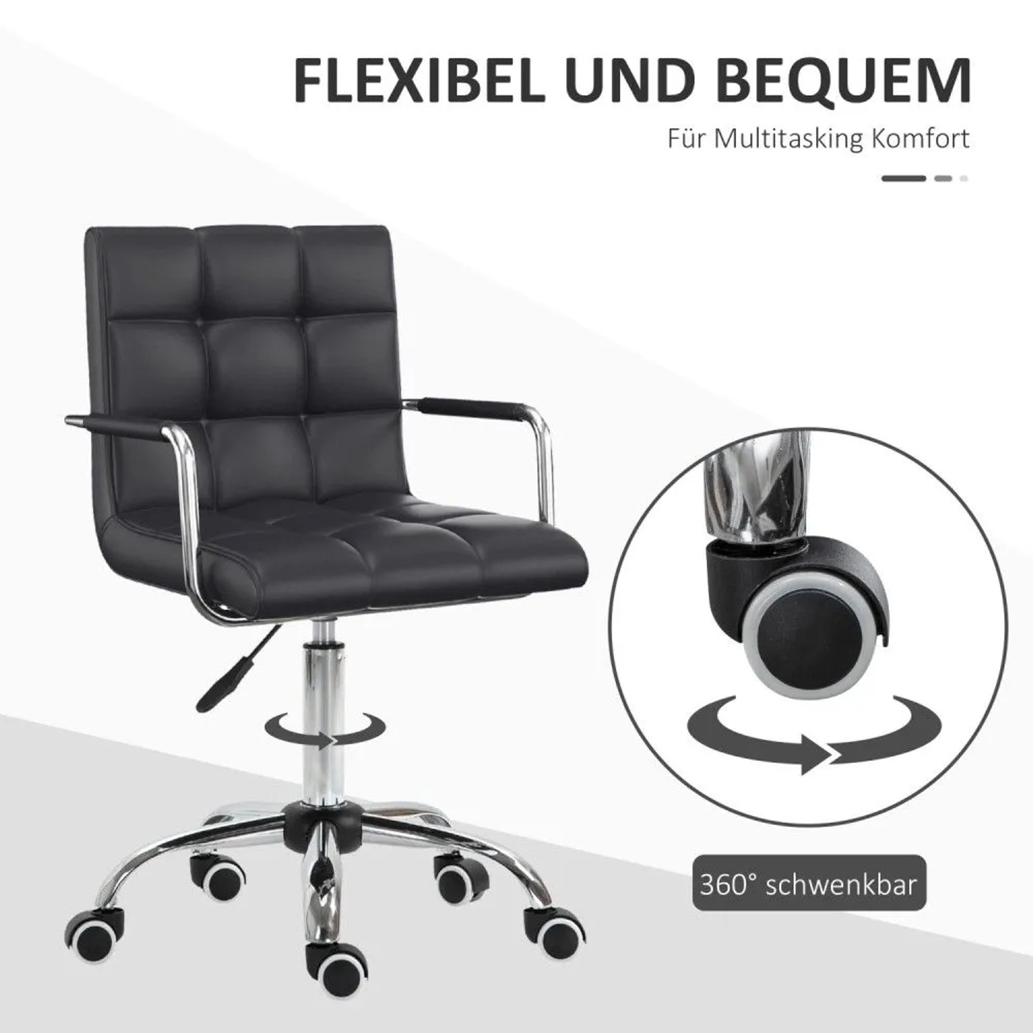 Schwarzer HOMCOM Drehstuhl aus Kunstleder mit Chromgestell, Rollen und Höhenverstellung. Modernes Design.