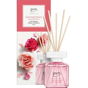 ipuro Raumduft Essentials Lovely Flowers 50ml mit Duftstäbchen und blumigem Design.
