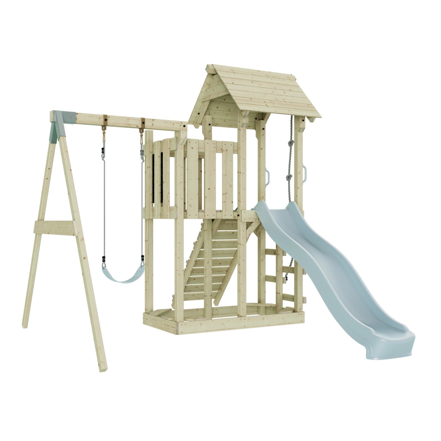 PolarPlay Kinderschaukel Bergen Eisblau mit Rutsche und Kletterturm aus Holz.