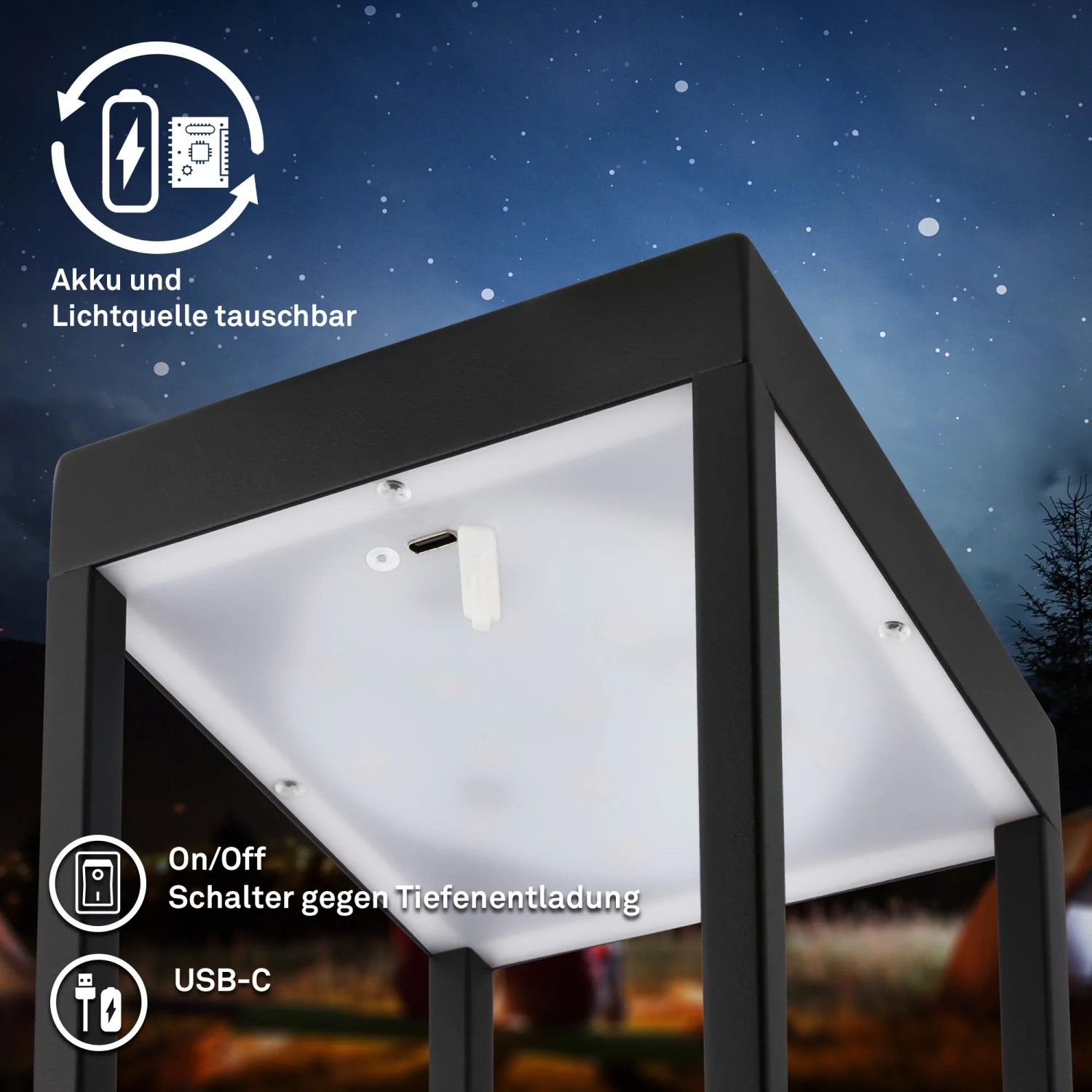 Detailaufnahme der schwarzen Brilo LED Laterne Luca mit USB-C Anschluss und wechselbarem Akku.